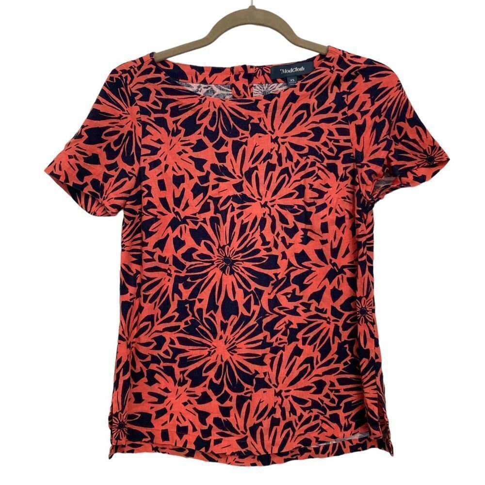 ModCloth orange and blue linen blend short sleeve top size extra small
